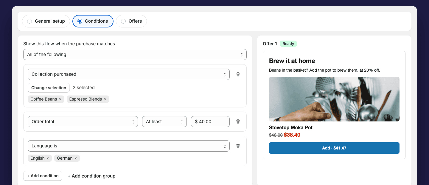 Flow conditions for collection, order total and language