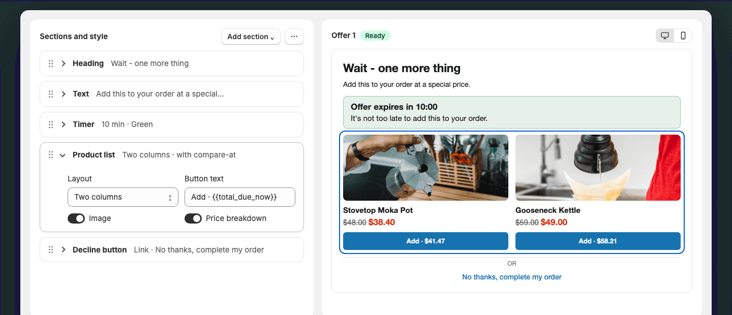 Design editor with section list and live offer preview