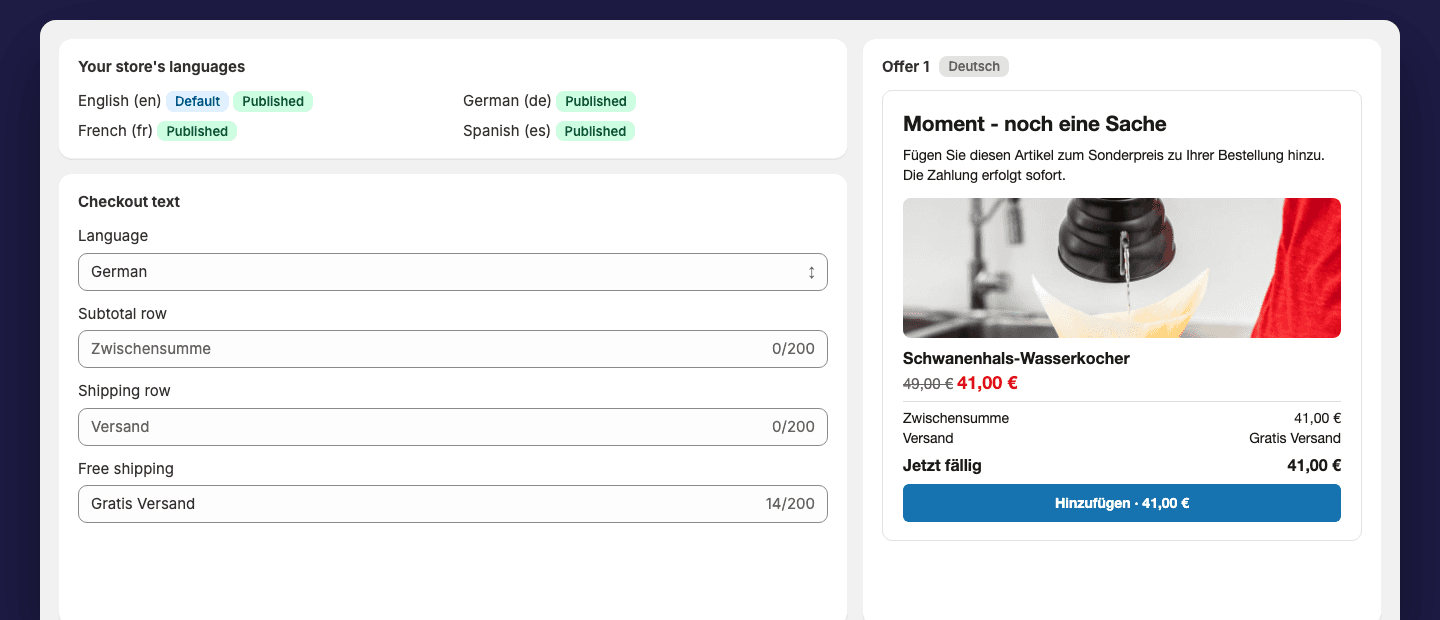 Checkout text edited in German beside a German offer preview