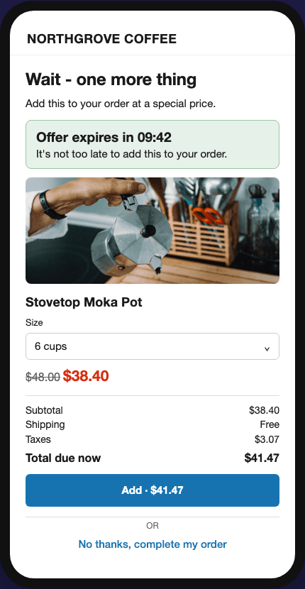 Post-purchase offer on a phone with an Add button and a decline link